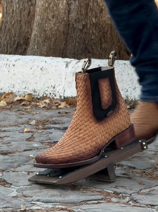 MENS LEATHER COWBOY  Handtooled Square Toe Half Boots