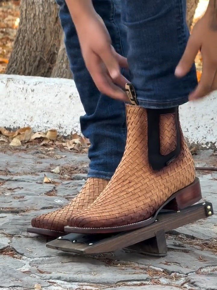 MENS LEATHER COWBOY  Handtooled Square Toe Half Boots