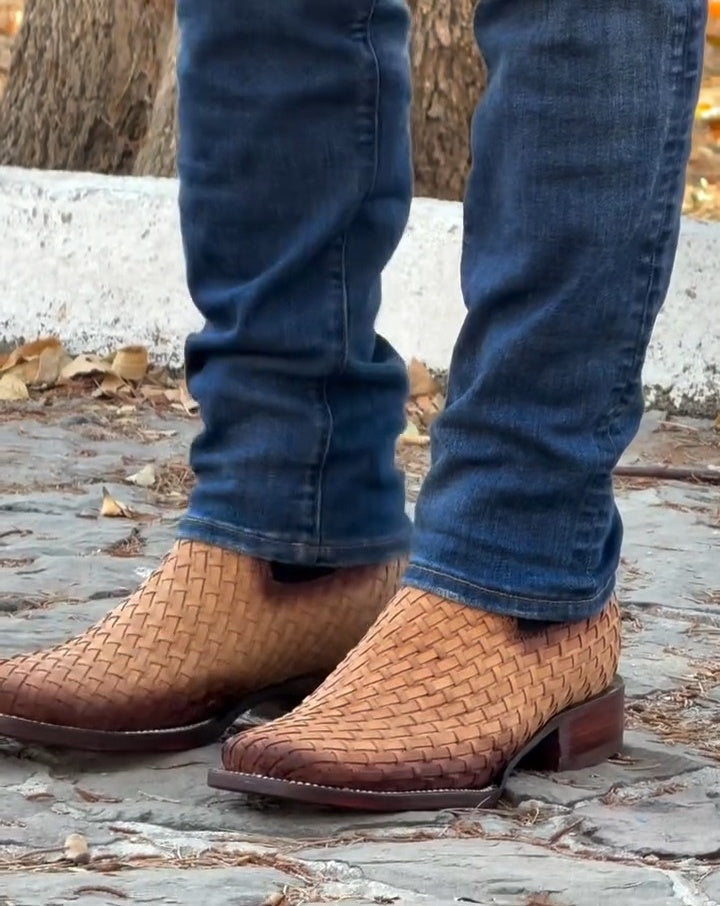 MENS LEATHER COWBOY  Handtooled Square Toe Half Boots