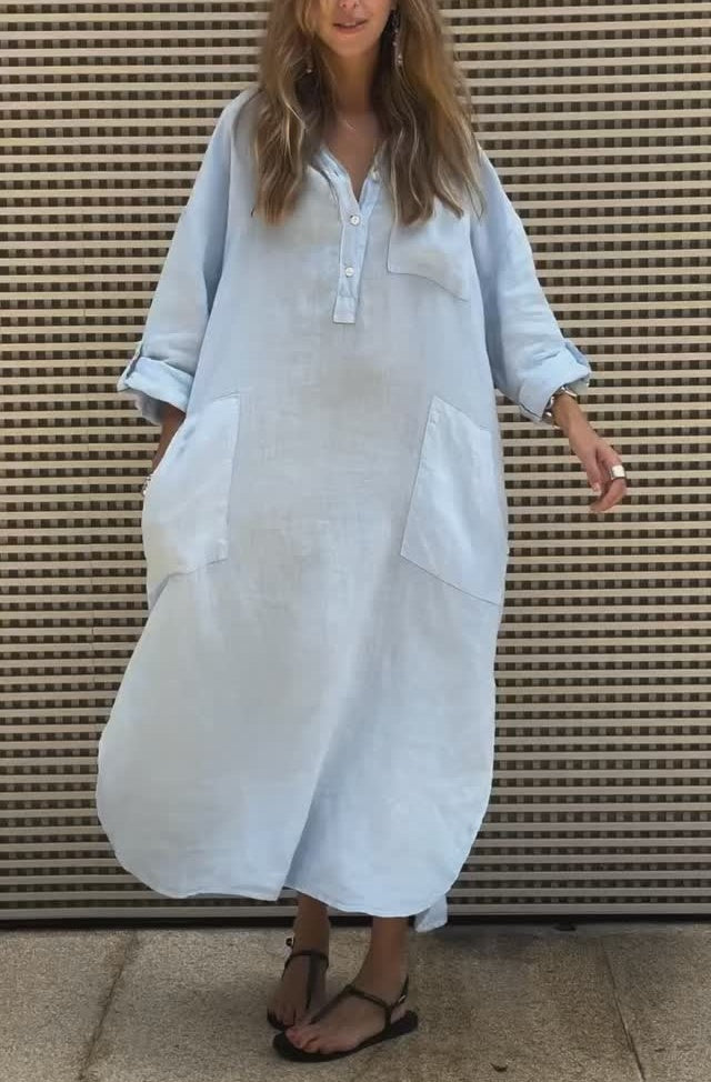 Women's Solid Color 3/4 Long Sleeve Loose Shirt Dress Button V-Neck Ruffle Side Split With Pocket Maxi Dress