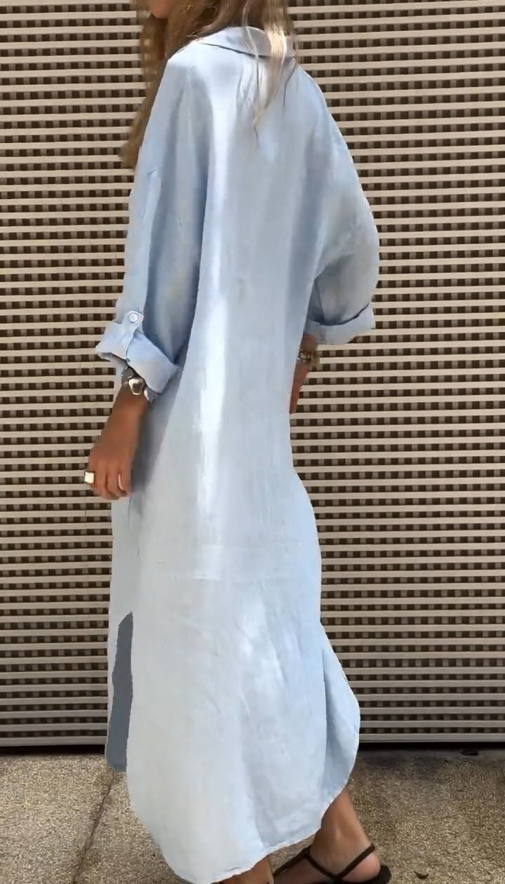 Women's Solid Color 3/4 Long Sleeve Loose Shirt Dress Button V-Neck Ruffle Side Split With Pocket Maxi Dress