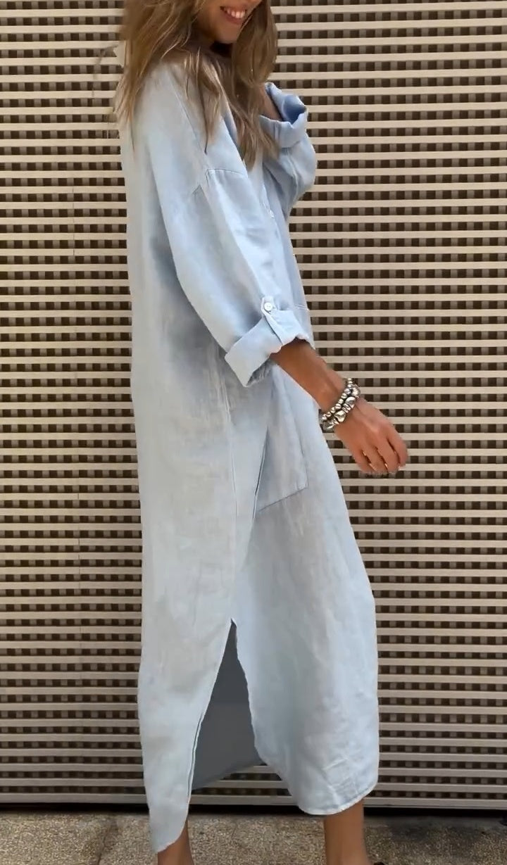 Women's Solid Color 3/4 Long Sleeve Loose Shirt Dress Button V-Neck Ruffle Side Split With Pocket Maxi Dress