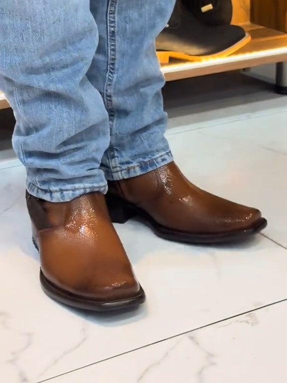 Men's Brown Laser Patch Round Toe Urban Western Style Boots