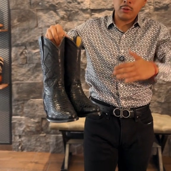 Mens Exotic Python Snake Print Square Toe Leather Cowboy Boots