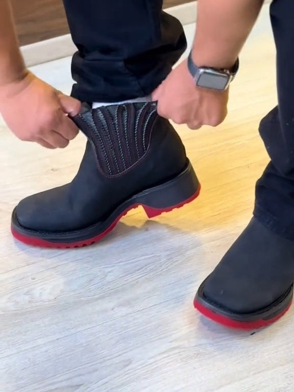 Mens Black Leather Work Boots Non-Slip Elasticized Soft Toe