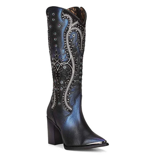 Ladies Black Overlay & Embroidery & Studs Tall Western Style Boot