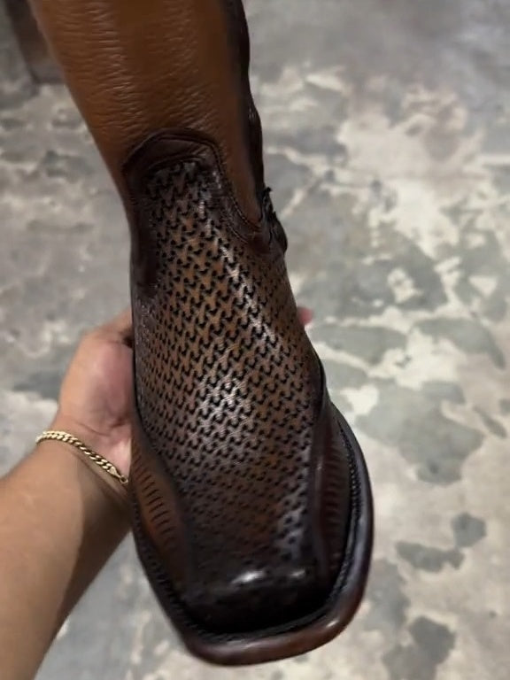 Men's Laser & Woven Zipper Narrow Square Toe Western Boot