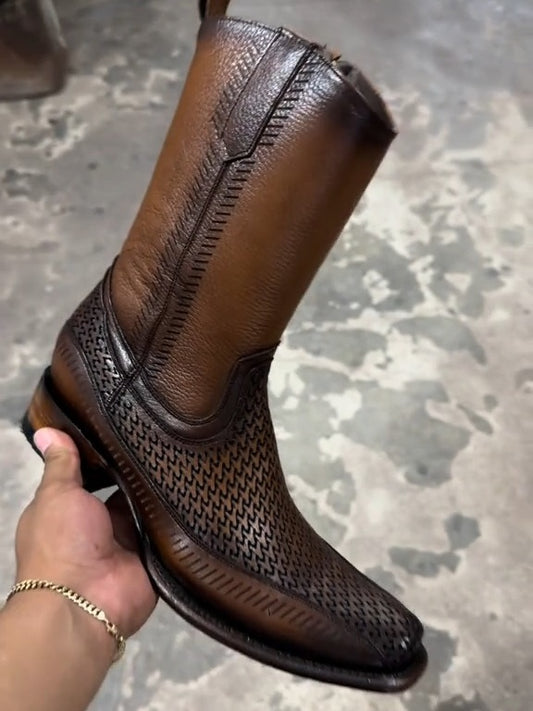 Men's Laser & Woven Zipper Narrow Square Toe Western Boot