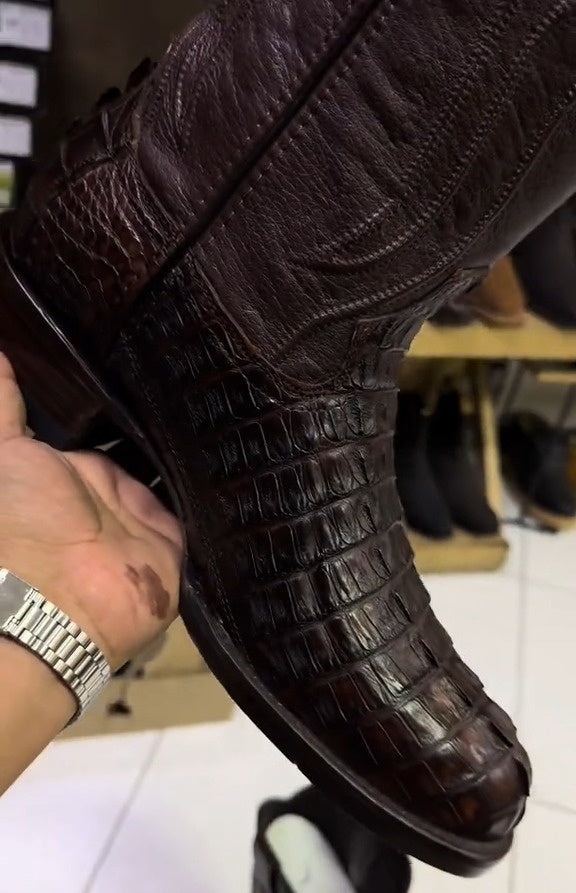 Brown Caiman Western Boots Narrow Square Toe