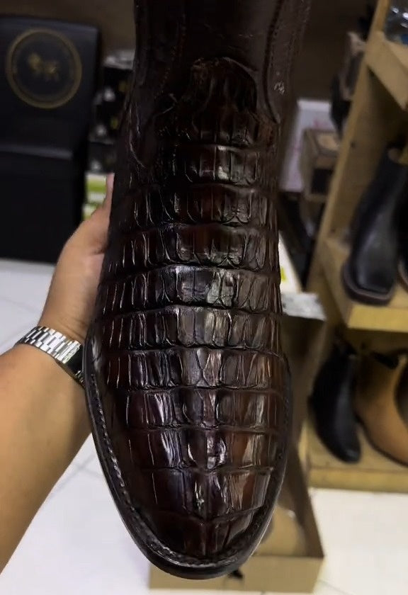 Brown Caiman Western Boots Narrow Square Toe