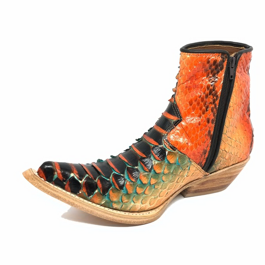 Snake Print Boots - Short Shaft, Pointed Toe, Handmade Leather Sole