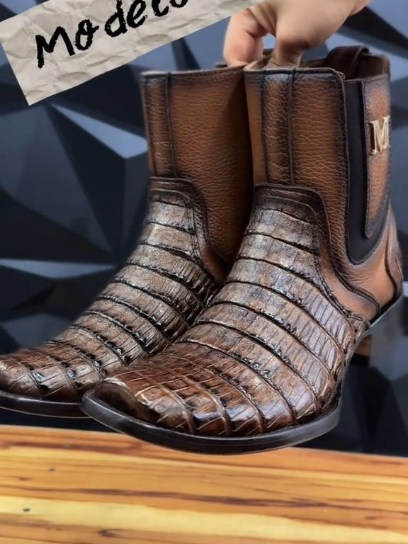 Cognac-colored Crocodile-embossed Square-toe Ankle Boot