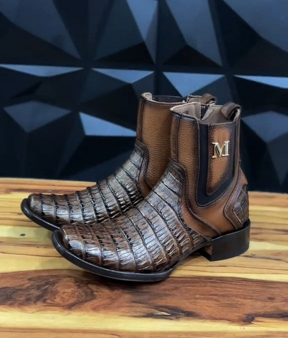 Cognac-colored Crocodile-embossed Square-toe Ankle Boot
