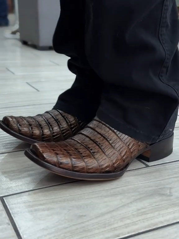 Cognac-colored Crocodile-embossed Square-toe Ankle Boot