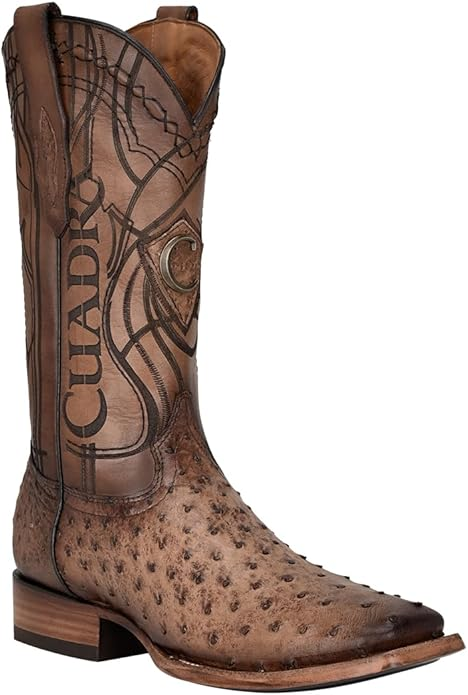 Ostrich Skin Brown Men Boots With Laser Engraving