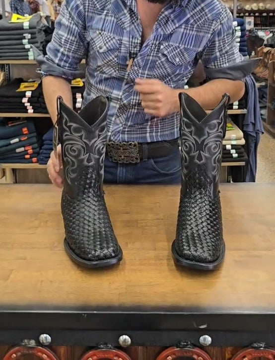 Black Basketweave Leather Boots