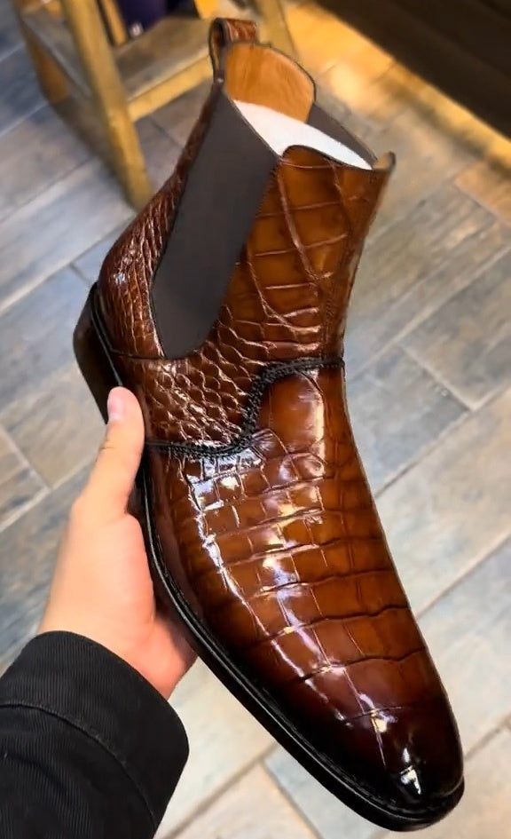 Brown Croc Print Leather Celso Chelsea Boot
