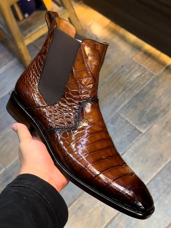 Brown Croc Print Leather Celso Chelsea Boot