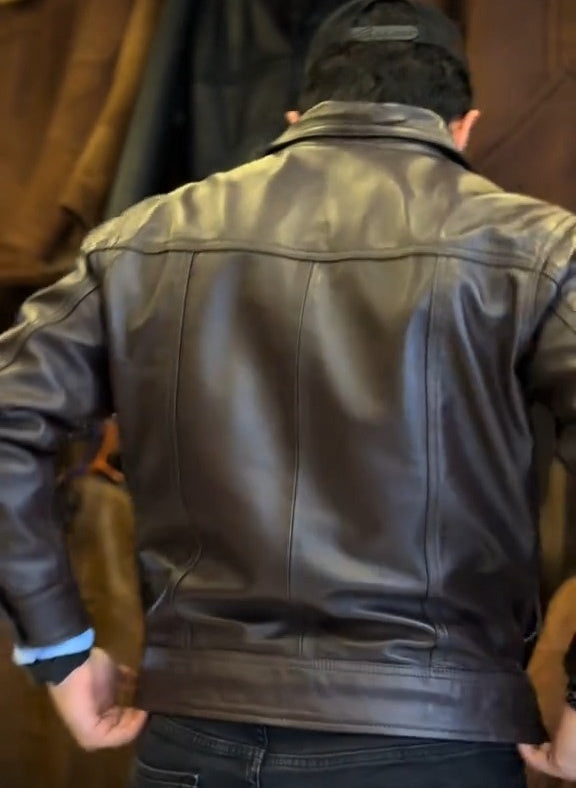 Mens Soft Leather Trucker Jacket Black American Western Denim Levi Style Coat