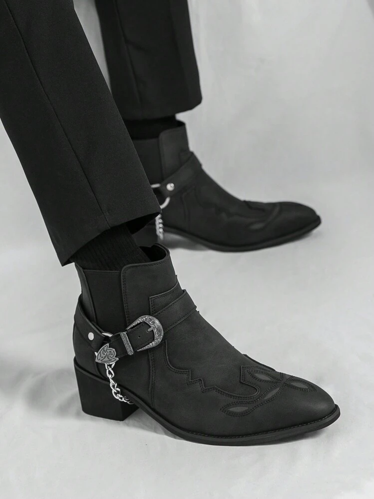 Men's Retro British Chelsea Boot With Chain Decor, Suede Ankle Boots