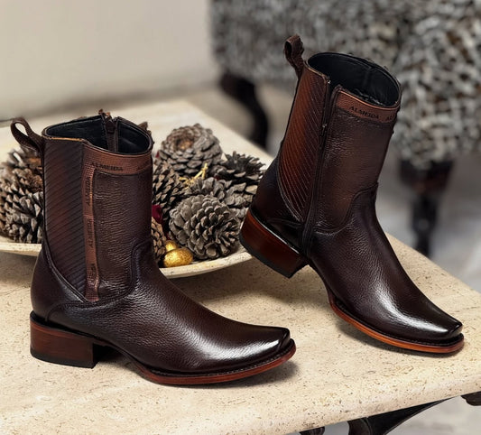 Classic Vintage Wide Leather Boots With Low Heel