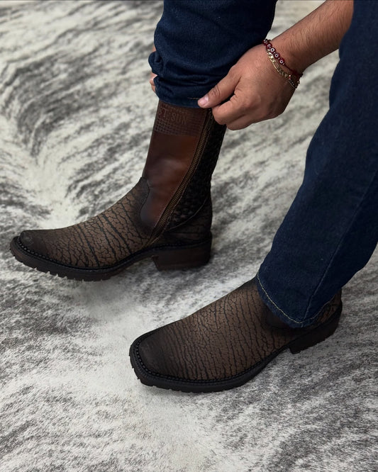 Brown Faux Crackle Leather Boots