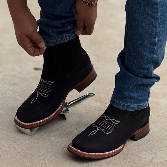Black Square Toe Sculpted Cowboy Boots