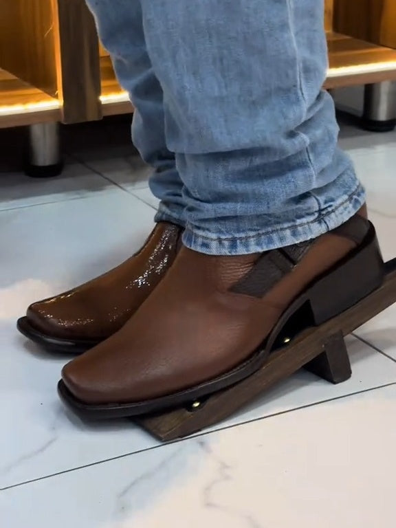 Men's Brown Laser Patch Round Toe Urban Western Style Boots