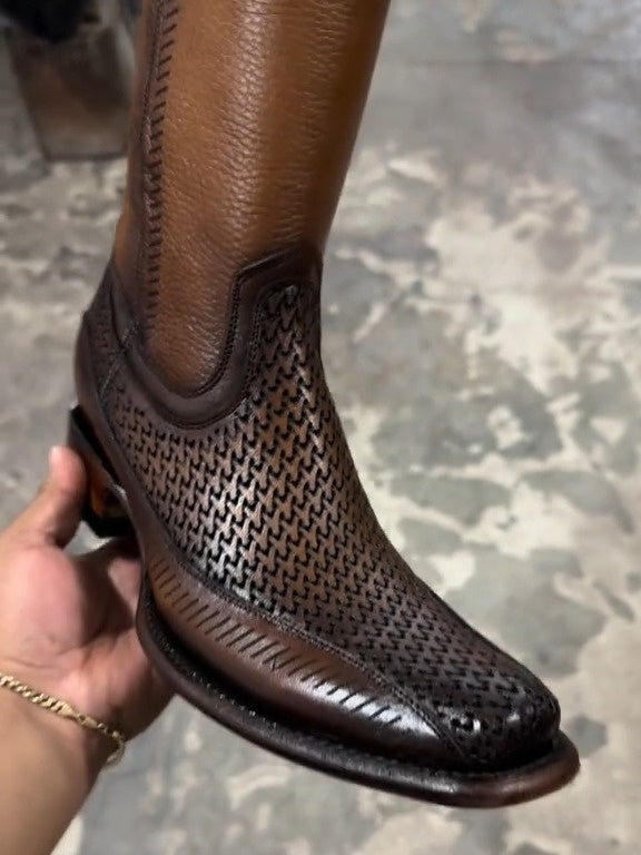 Men's Laser & Woven Zipper Narrow Square Toe Western Boot