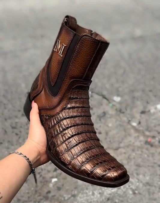 Cognac-colored Crocodile-embossed Square-toe Ankle Boot