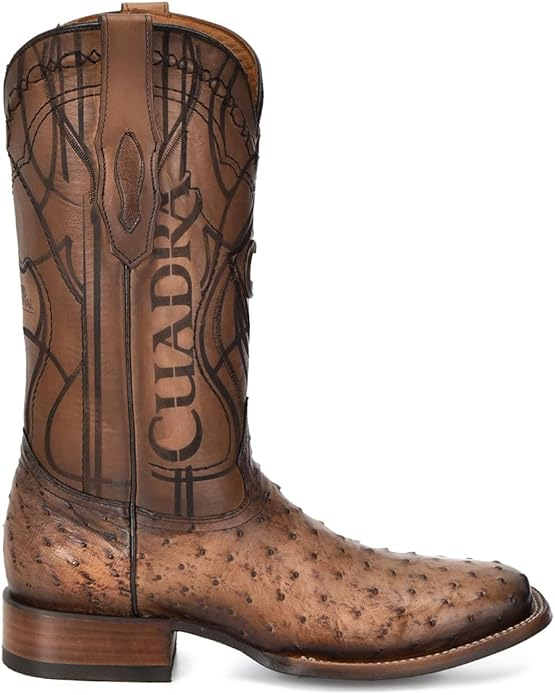 Ostrich Skin Brown Men Boots With Laser Engraving