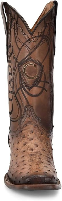 Ostrich Skin Brown Men Boots With Laser Engraving