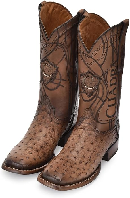 Ostrich Skin Brown Men Boots With Laser Engraving