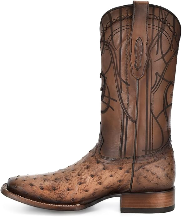 Ostrich Skin Brown Men Boots With Laser Engraving