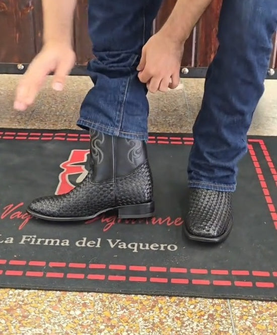 Black Basketweave Leather Boots