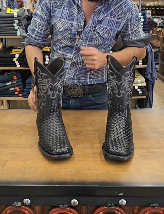 Black Basketweave Leather Boots