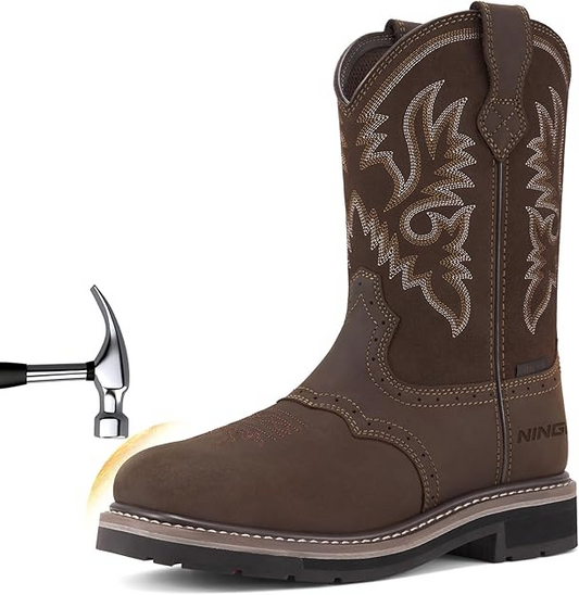 Men's Western Cowboy Boots Square Toe Steel Toe Work Boots Men's Safety Toe Leather Work Boots