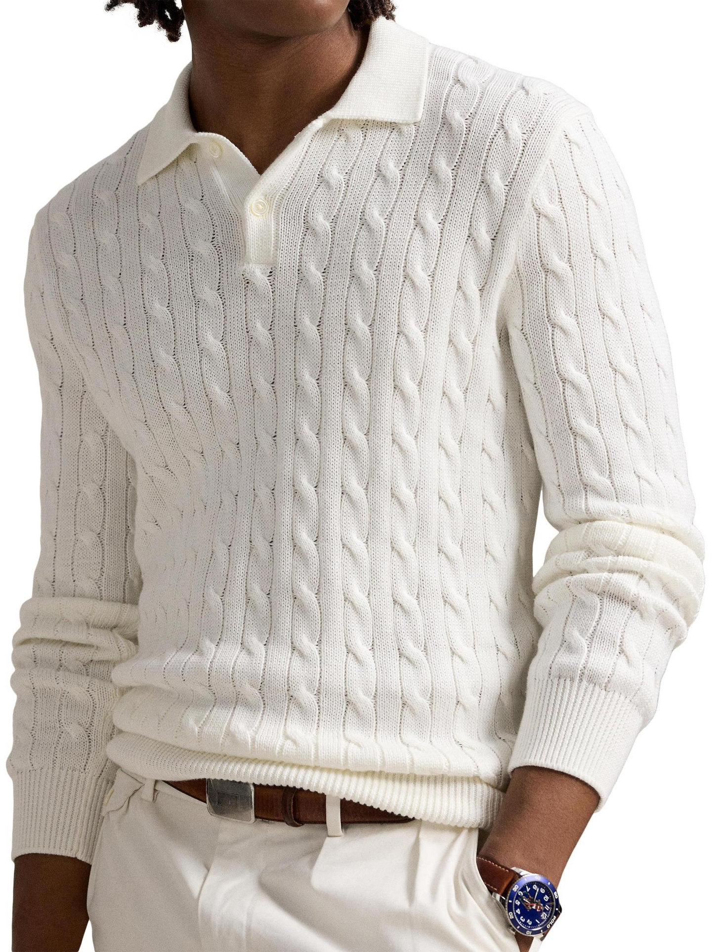 Cable-Knit Cotton Polo-Collar Sweater