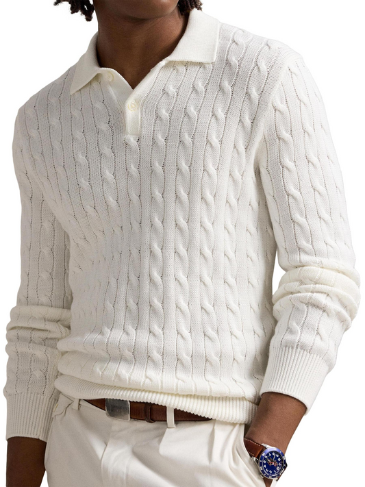 Cable-Knit Cotton Polo-Collar Sweater
