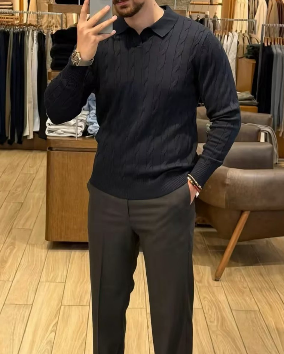 Cable-Knit Cotton Polo-Collar Sweater