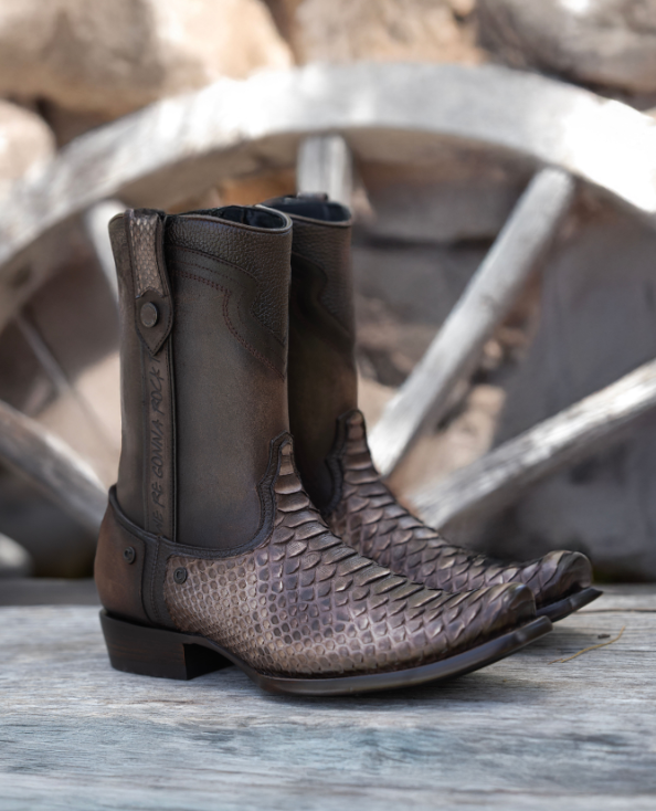 Men's Chocolate Python Zipper & Studs Square Toe Boots