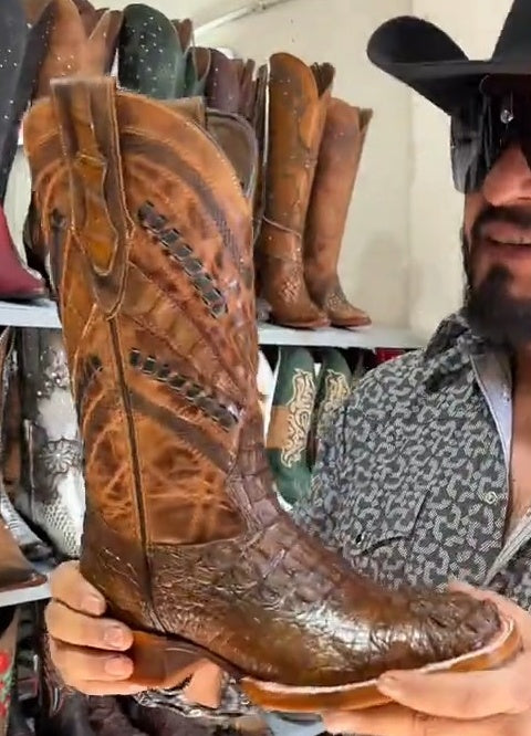 Honey Caiman Neck Leather Boots - Square Toe