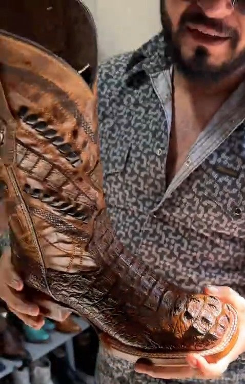 Honey Caiman Neck Leather Boots - Square Toe