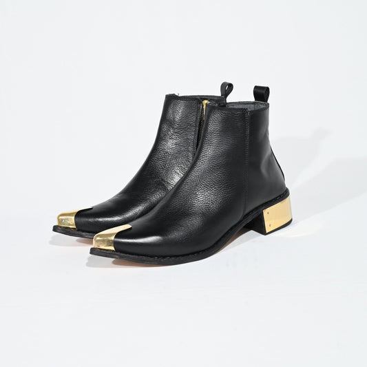 Black Leather Ankle Boots With Metal Toe