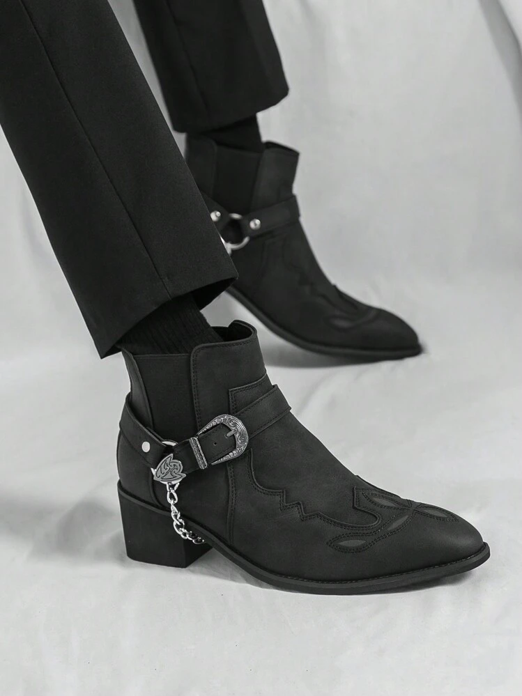 Men's Retro British Chelsea Boot With Chain Decor, Suede Ankle Boots