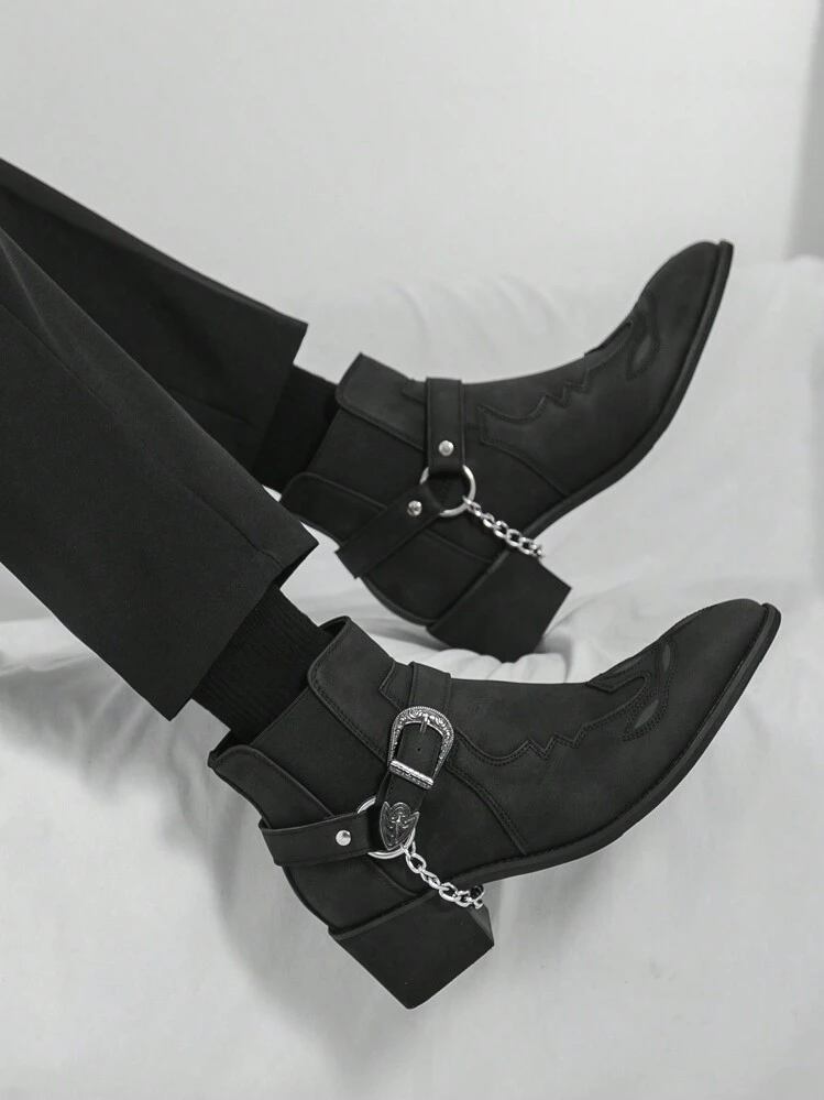 Men's Retro British Chelsea Boot With Chain Decor, Suede Ankle Boots