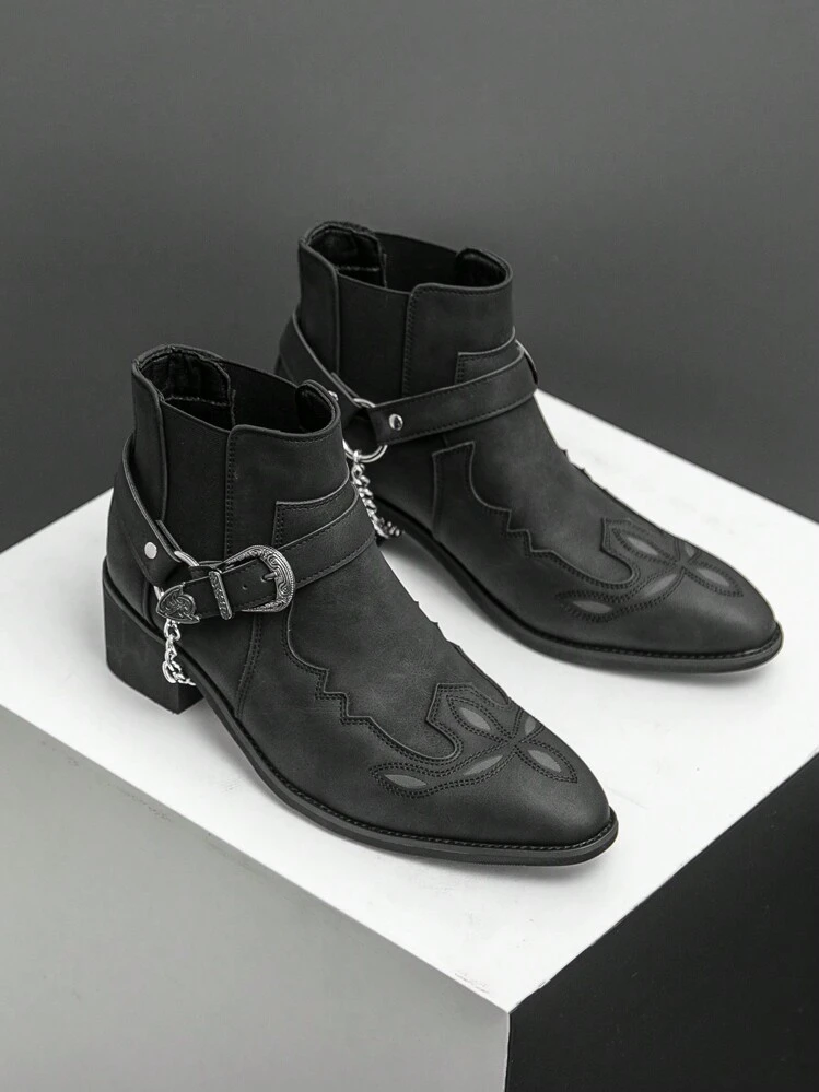 Men's Retro British Chelsea Boot With Chain Decor, Suede Ankle Boots