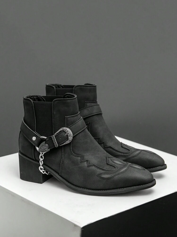 Men's Retro British Chelsea Boot With Chain Decor, Suede Ankle Boots